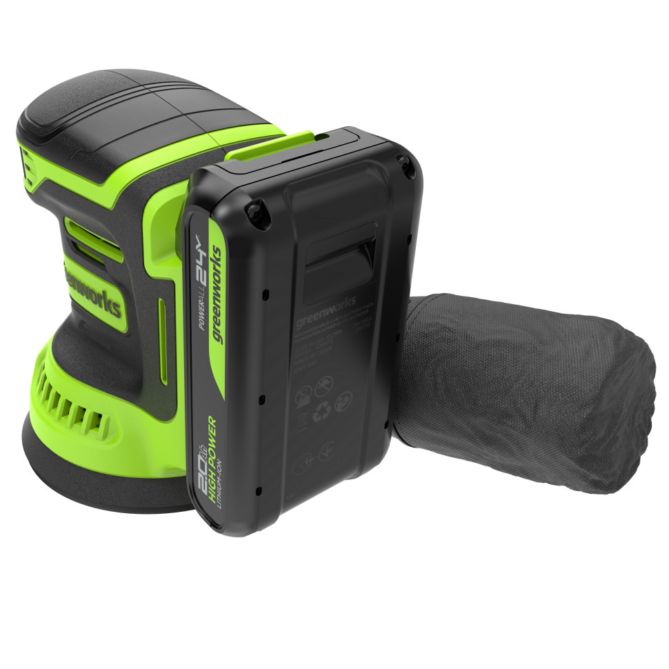 Эксцентриковая шлифмашина акк. Greenworks OS325, 24V, 125 мм, 5000-8000-11000 об/мин, амплитуда 2.4 мм,1х2Ач,ЗУ,коробка