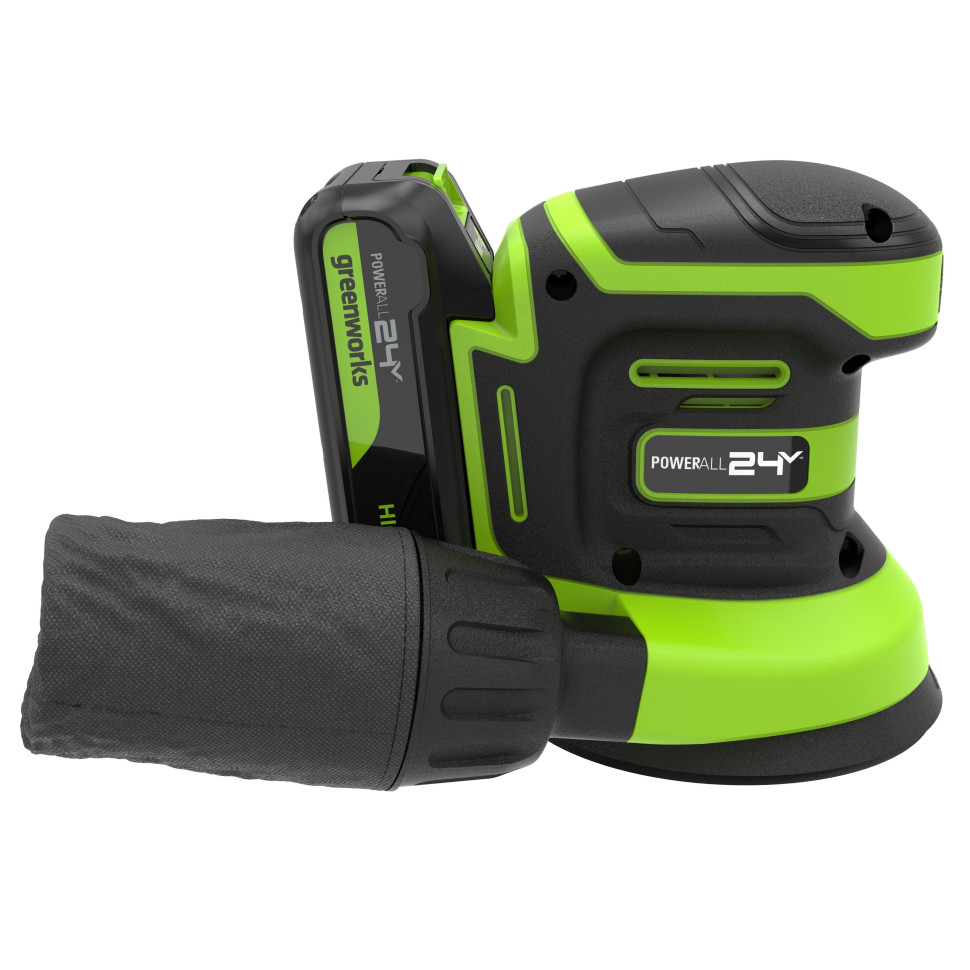 Эксцентриковая шлифмашина акк. Greenworks OS325, 24V, 125 мм, 5000-8000-11000 об/мин, амплитуда 2.4 мм,1х2Ач,ЗУ,коробка