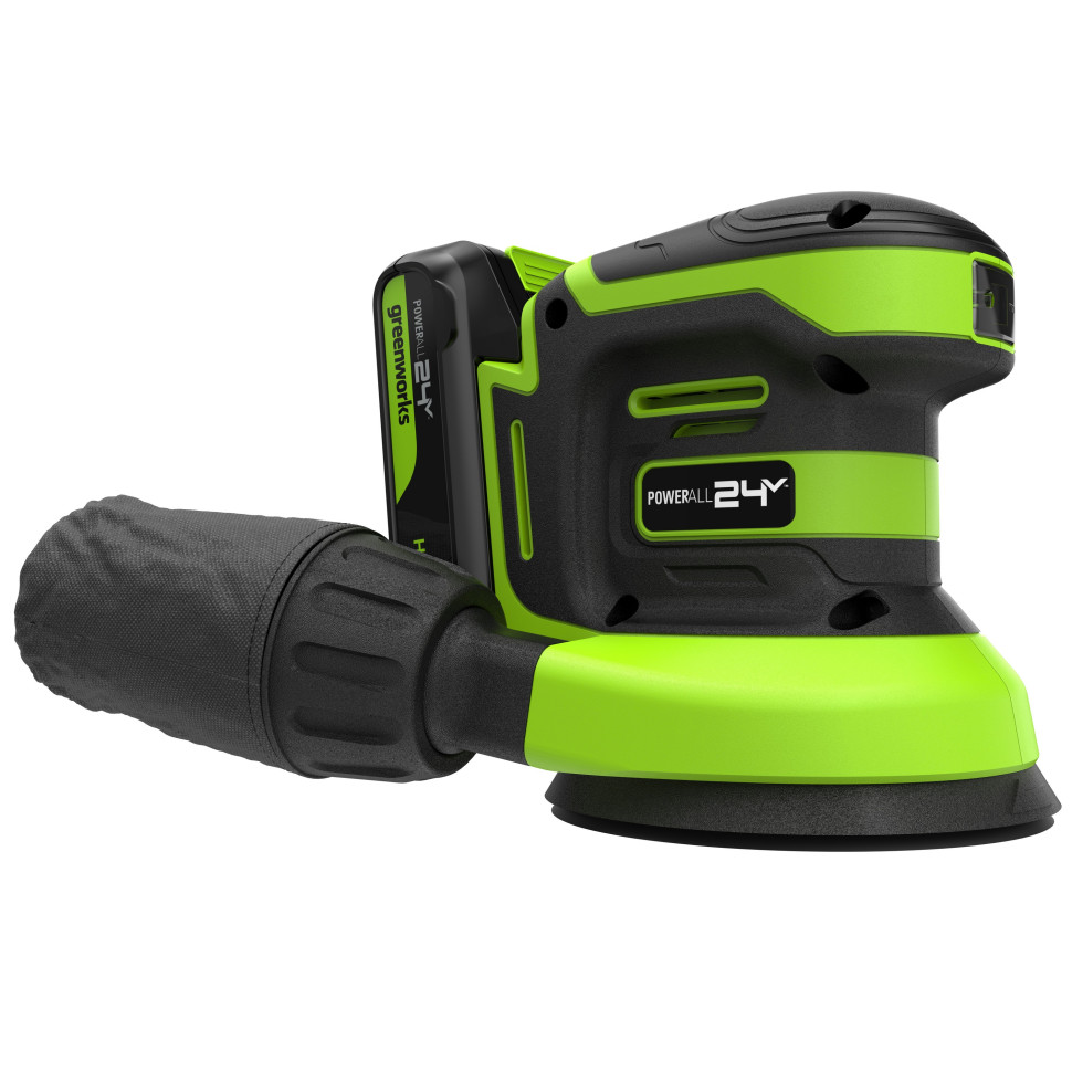 Эксцентриковая шлифмашина акк. Greenworks OS325, 24V, 125 мм, 5000-8000-11000 об/мин, амплитуда 2.4 мм,1х2Ач,ЗУ,коробка