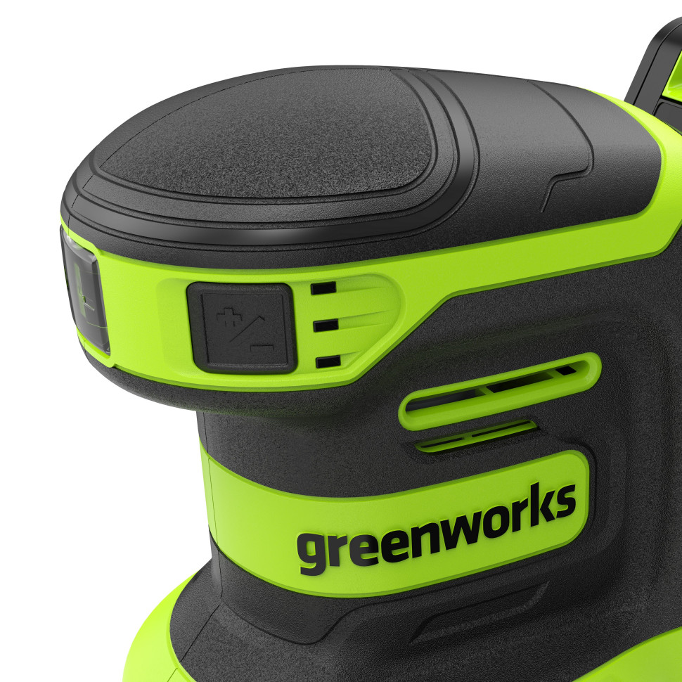Эксцентриковая шлифмашина акк. Greenworks OS325, 24V, 125 мм, 5000-8000-11000 об/мин, амплитуда 2.4 мм,1х2Ач,ЗУ,коробка