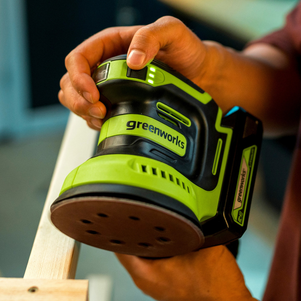 Эксцентриковая шлифмашина акк. Greenworks OS325, 24V, 125 мм, 5000-8000-11000 об/мин, амплитуда 2.4 мм,1х2Ач,ЗУ,коробка