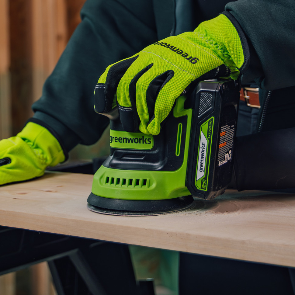 Эксцентриковая шлифмашина акк. Greenworks OS325, 24V, 125 мм, 5000-8000-11000 об/мин, амплитуда 2.4 мм,1х2Ач,ЗУ,коробка