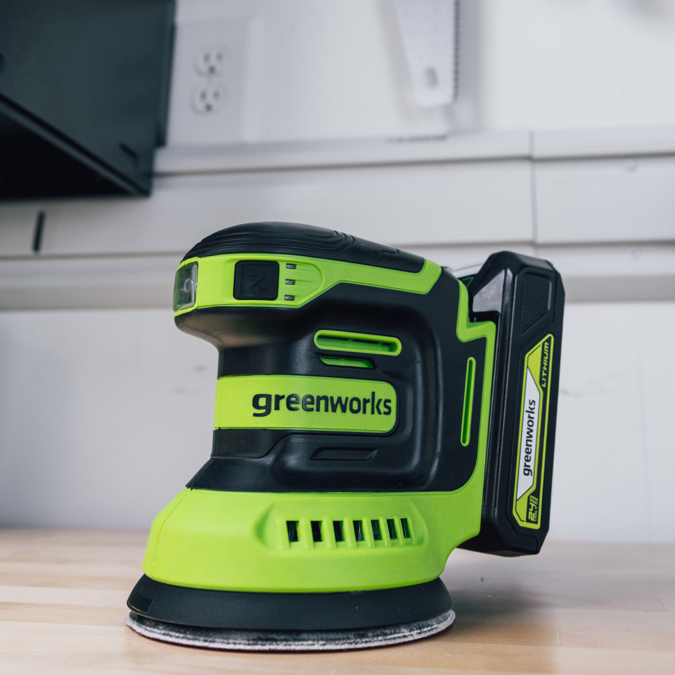 Эксцентриковая шлифмашина акк. Greenworks OS325, 24V, 125 мм, 5000-8000-11000 об/мин, амплитуда 2.4 мм,1х2Ач,ЗУ,коробка