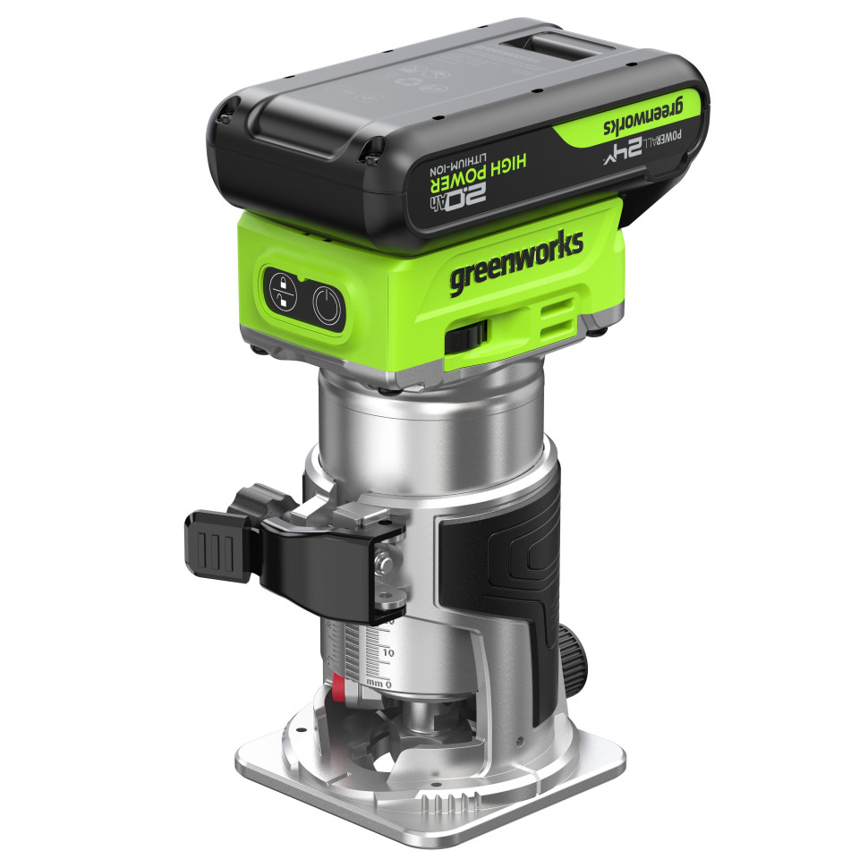 Фрезер кромочный акк. Greenworks G24RO, 24V, б/щет, 10000-30000 об/мин, цанги 6 / 6,35 / 8 мм, ход 20 мм,1х2Ач,ЗУ,коробка