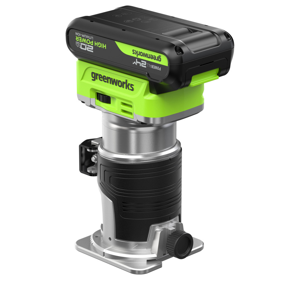 Фрезер кромочный акк. Greenworks G24RO, 24V, б/щет, 10000-30000 об/мин, цанги 6 / 6,35 / 8 мм, ход 20 мм,1х2Ач,ЗУ,коробка