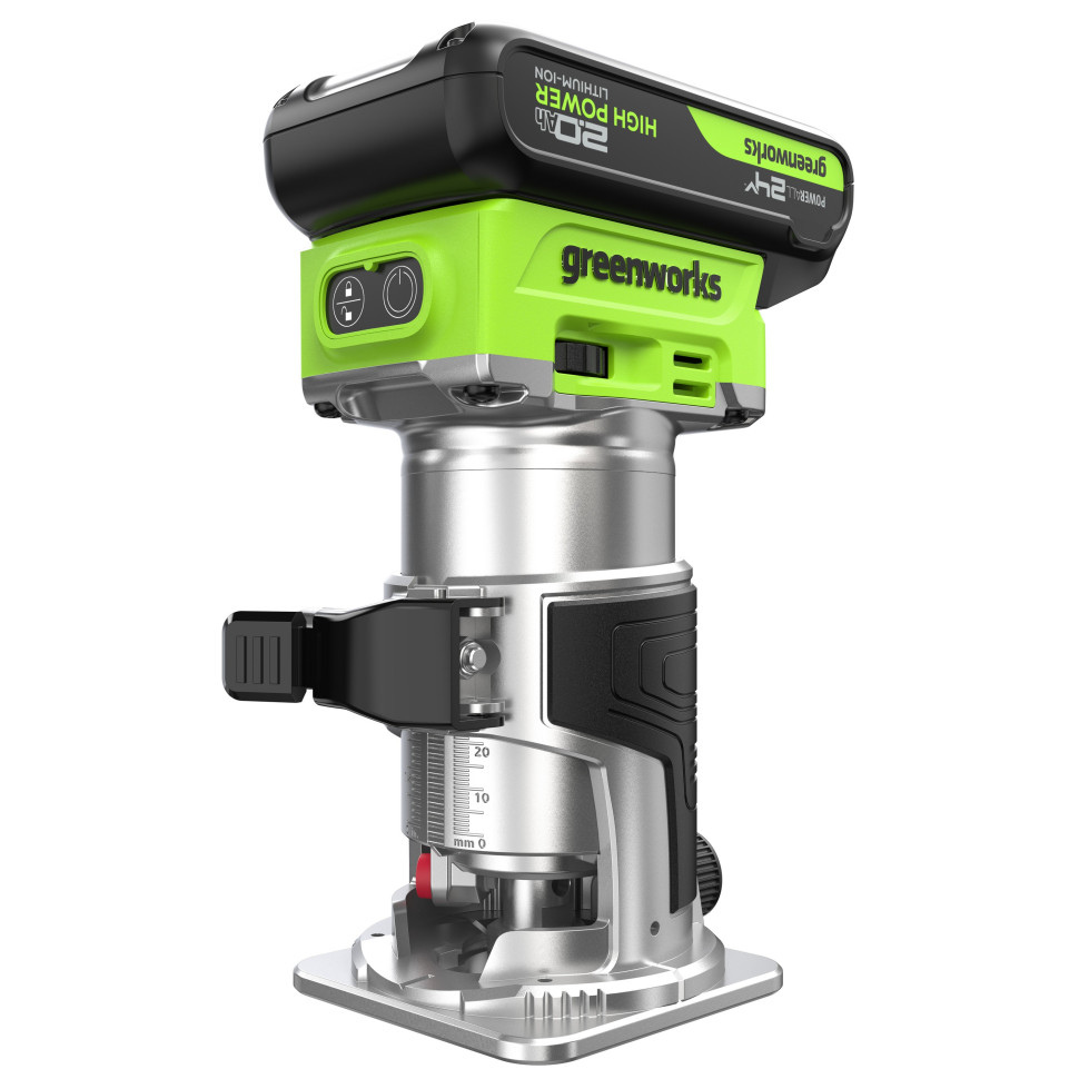 Фрезер кромочный акк. Greenworks G24RO, 24V, б/щет, 10000-30000 об/мин, цанги 6 / 6,35 / 8 мм, ход 20 мм,1х2Ач,ЗУ,коробка