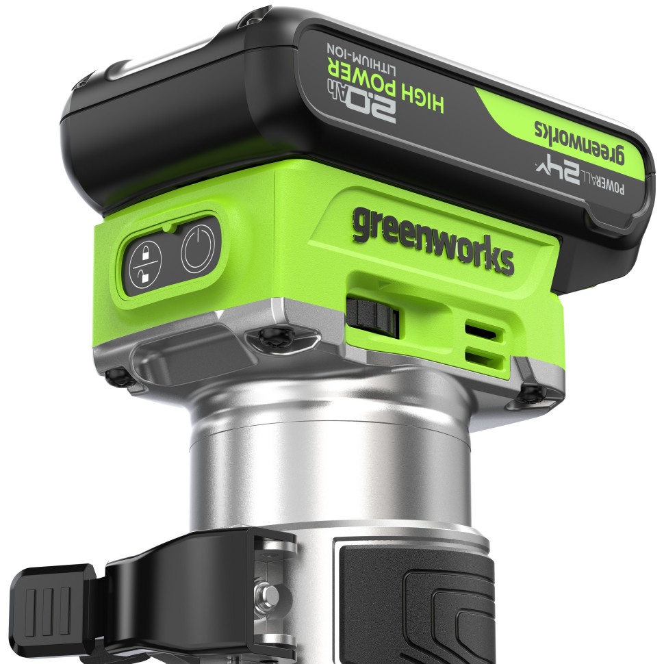 Фрезер кромочный акк. Greenworks G24RO, 24V, б/щет, 10000-30000 об/мин, цанги 6 / 6,35 / 8 мм, ход 20 мм,1х2Ач,ЗУ,коробка