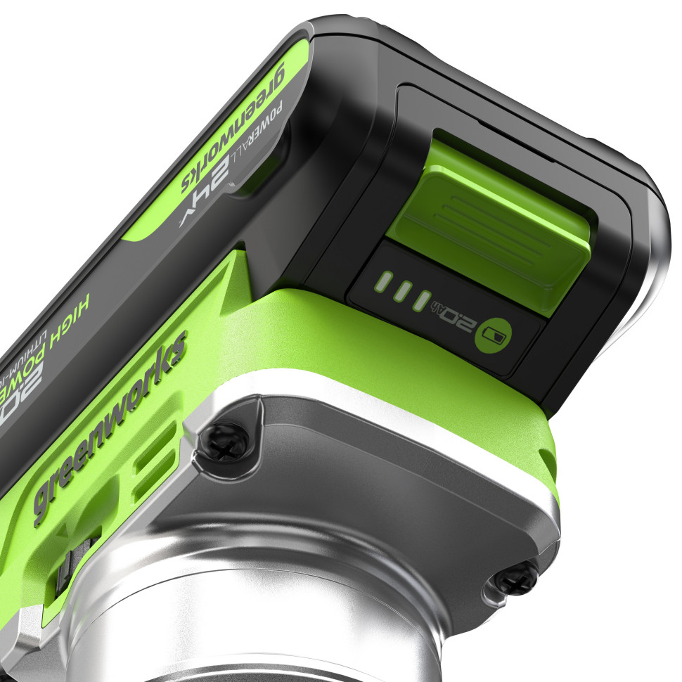 Фрезер кромочный акк. Greenworks G24RO, 24V, б/щет, 10000-30000 об/мин, цанги 6 / 6,35 / 8 мм, ход 20 мм,1х2Ач,ЗУ,коробка