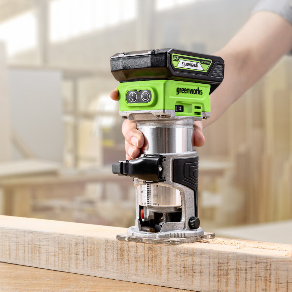 Фрезер кромочный акк. Greenworks G24RO, 24V, б/щет, 10000-30000 об/мин, цанги 6 / 6,35 / 8 мм, ход 20 мм,1х2Ач,ЗУ,коробка