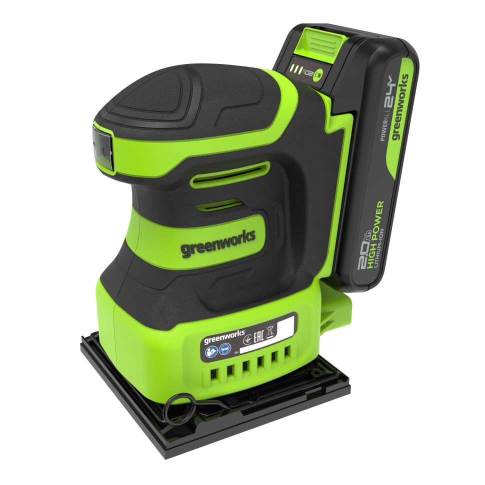 Плоская шлифмашина акк. Greenworks G24SS14, 24V, 115x140мм, 5500 об/мин, ампл. 1,6 мм,1х2Ач,ЗУ,коробка