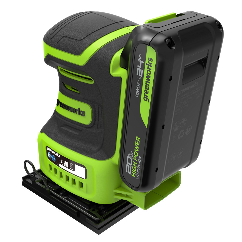 Плоская шлифмашина акк. Greenworks G24SS14, 24V, 115x140мм, 5500 об/мин, ампл. 1,6 мм,1х2Ач,ЗУ,коробка