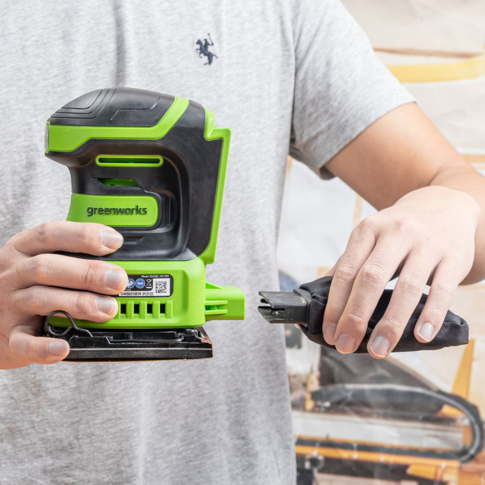 Плоская шлифмашина акк. Greenworks G24SS14, 24V, 115x140мм, 5500 об/мин, ампл. 1,6 мм,1х2Ач,ЗУ,коробка