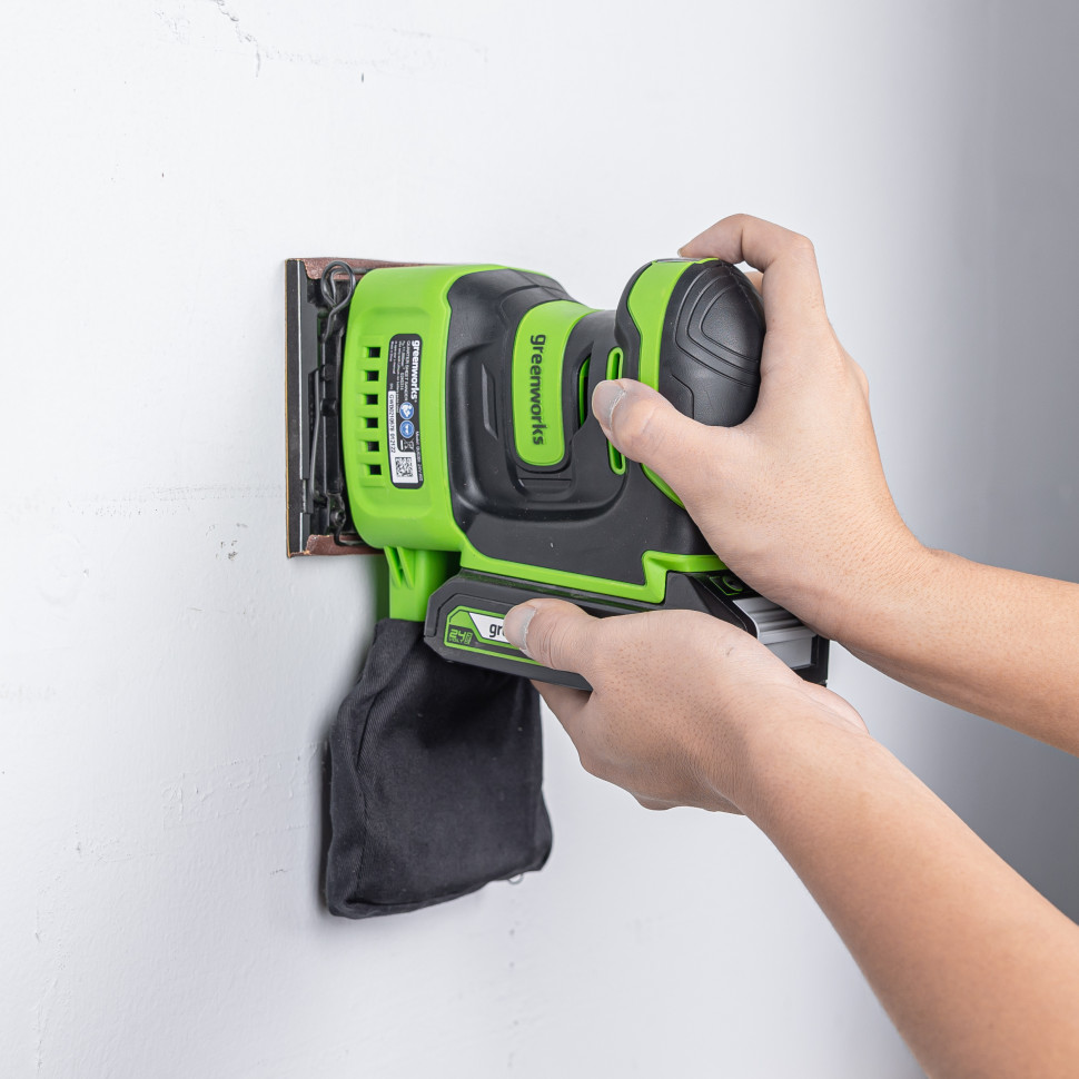 Плоская шлифмашина акк. Greenworks G24SS14, 24V, 115x140мм, 5500 об/мин, ампл. 1,6 мм,1х2Ач,ЗУ,коробка