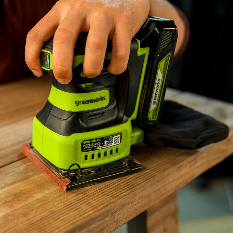 Плоская шлифмашина акк. Greenworks G24SS14, 24V, 115x140мм, 5500 об/мин, ампл. 1,6 мм,1х2Ач,ЗУ,коробка