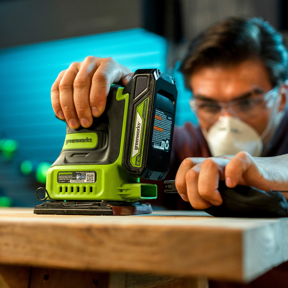 Плоская шлифмашина акк. Greenworks G24SS14, 24V, 115x140мм, 5500 об/мин, ампл. 1,6 мм,1х2Ач,ЗУ,коробка