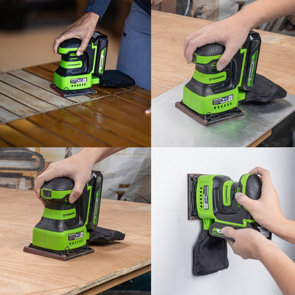 Плоская шлифмашина акк. Greenworks G24SS14, 24V, 115x140мм, 5500 об/мин, ампл. 1,6 мм,1х2Ач,ЗУ,коробка