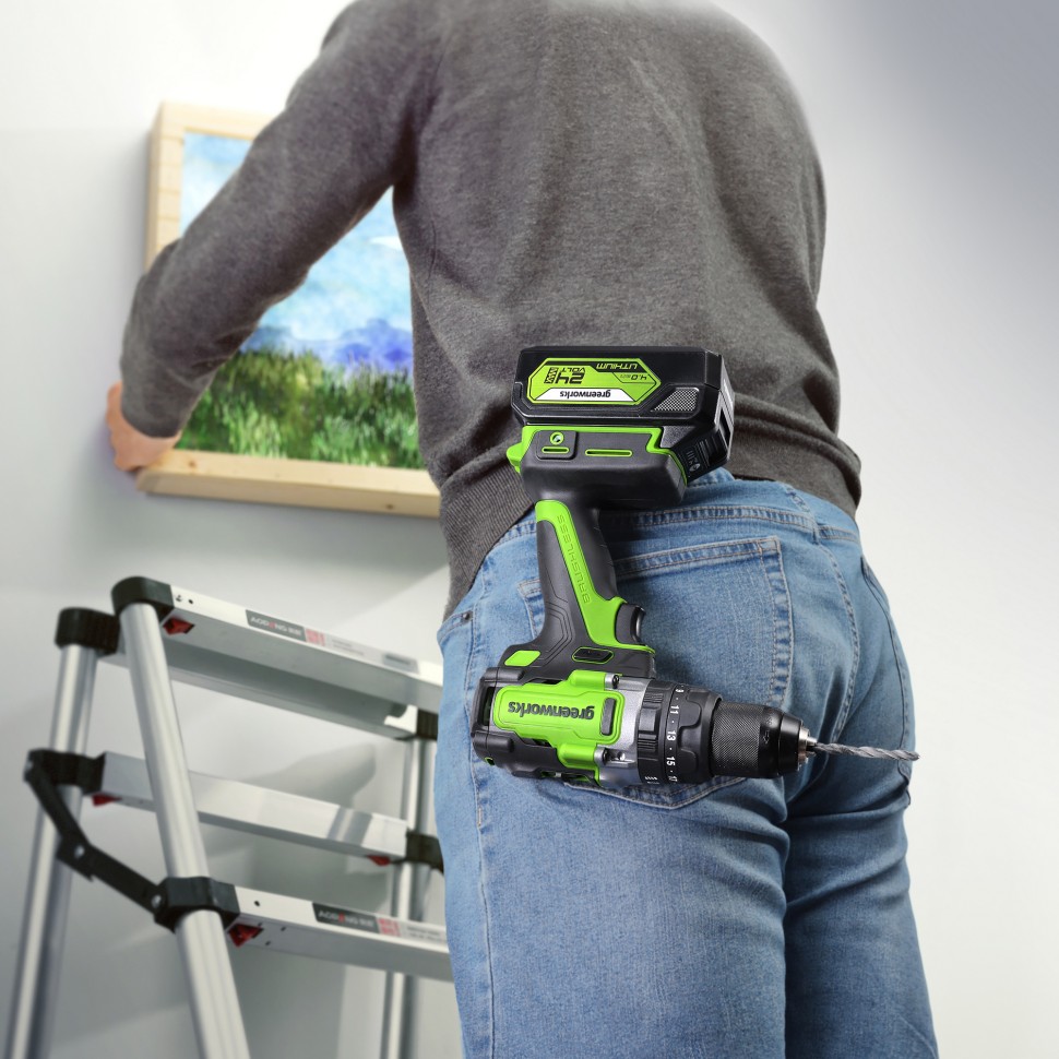 Аккумуляторная ударная дрель-шуруповерт Greenworks GD24DD140k4x2, 24v, 140 Нм, Anti-kickback, в комплекте АКБ 4 А·ч (2 шт) и ЗУ 4А