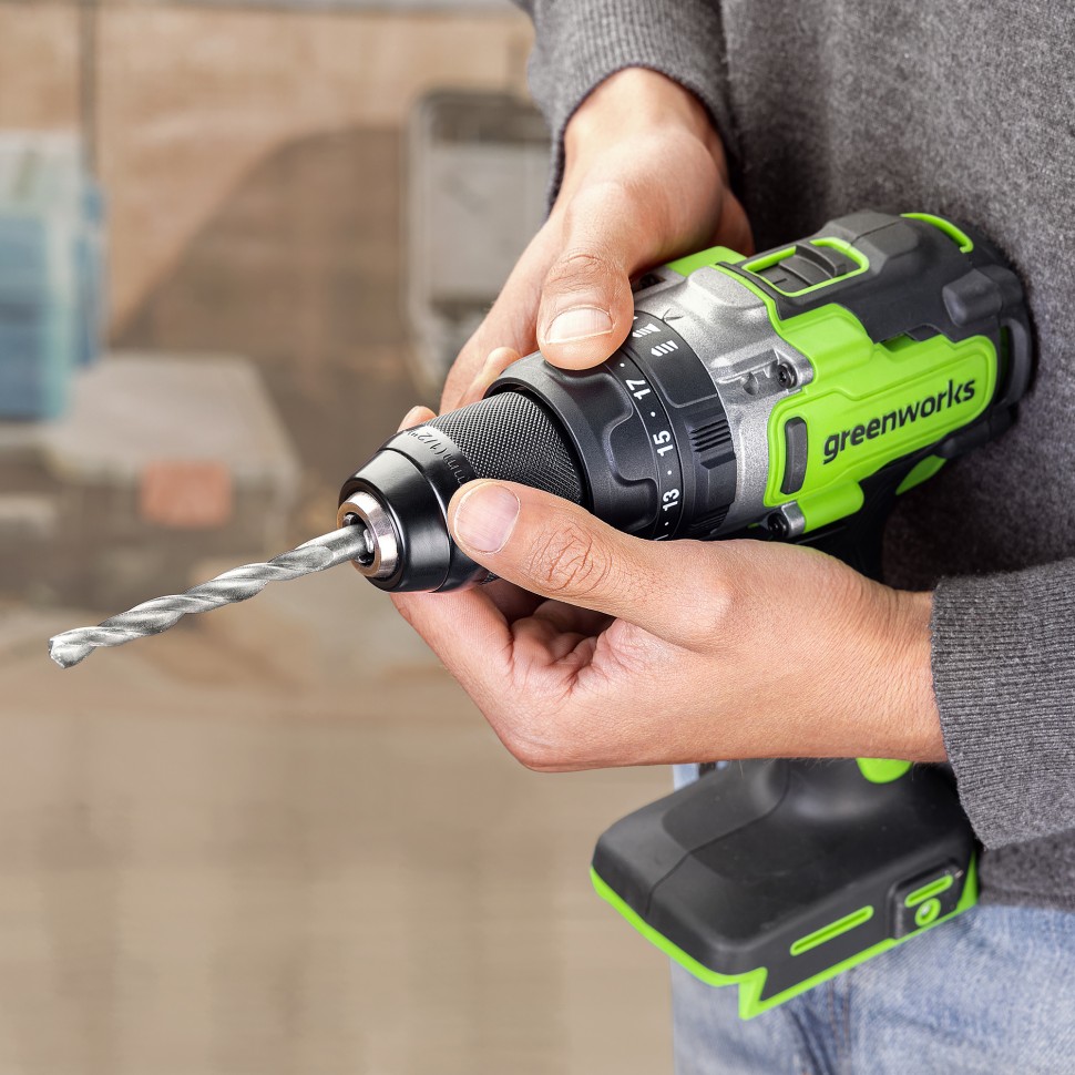 Аккумуляторная ударная дрель-шуруповерт Greenworks GD24DD140k4x2, 24v, 140 Нм, Anti-kickback, в комплекте АКБ 4 А·ч (2 шт) и ЗУ 4А