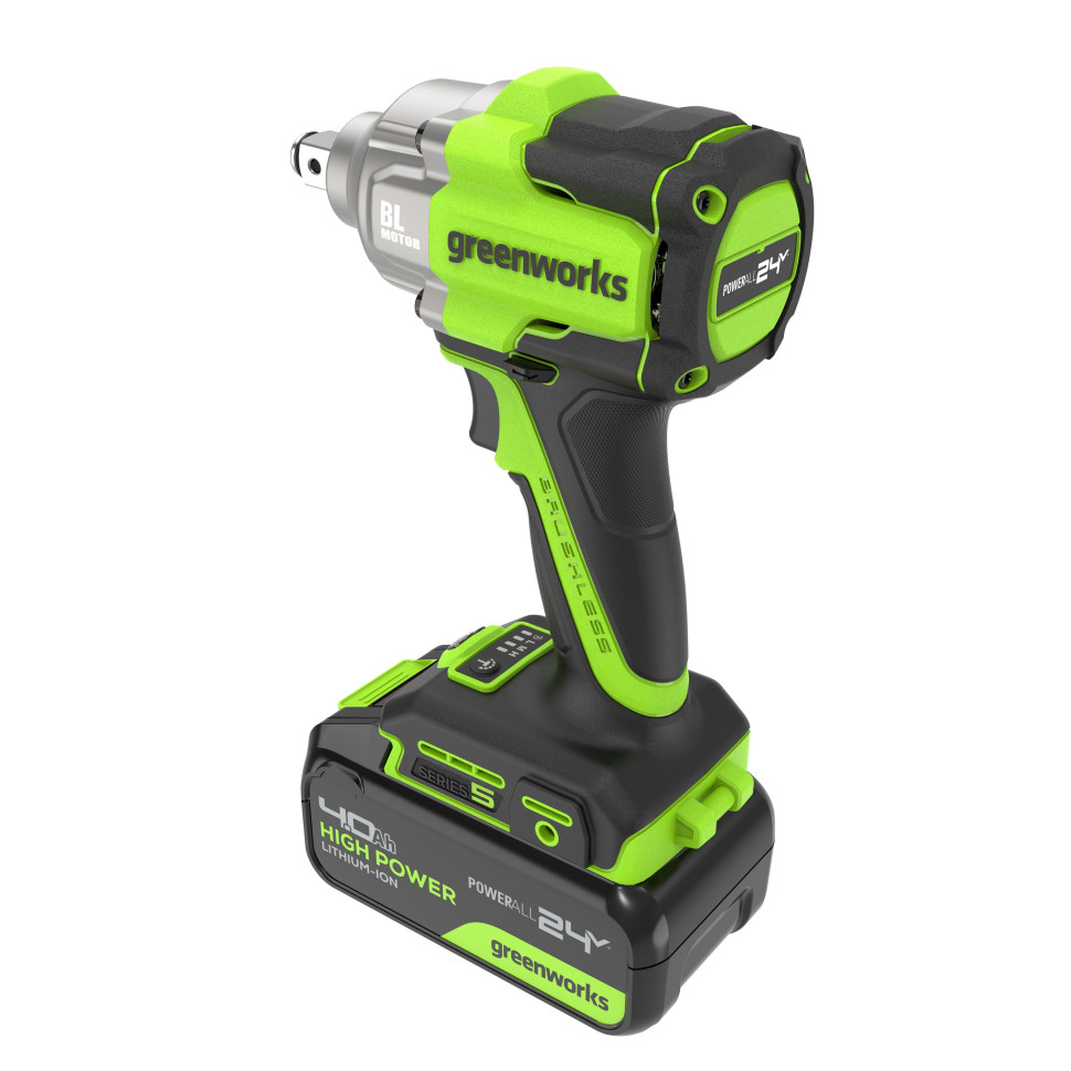 Гайковерт ударный акк. Greenworks IW5500, 24V, б/щет, 1/2'', 500Нм, 3 режима, 1х4Ач,ЗУ,коробка