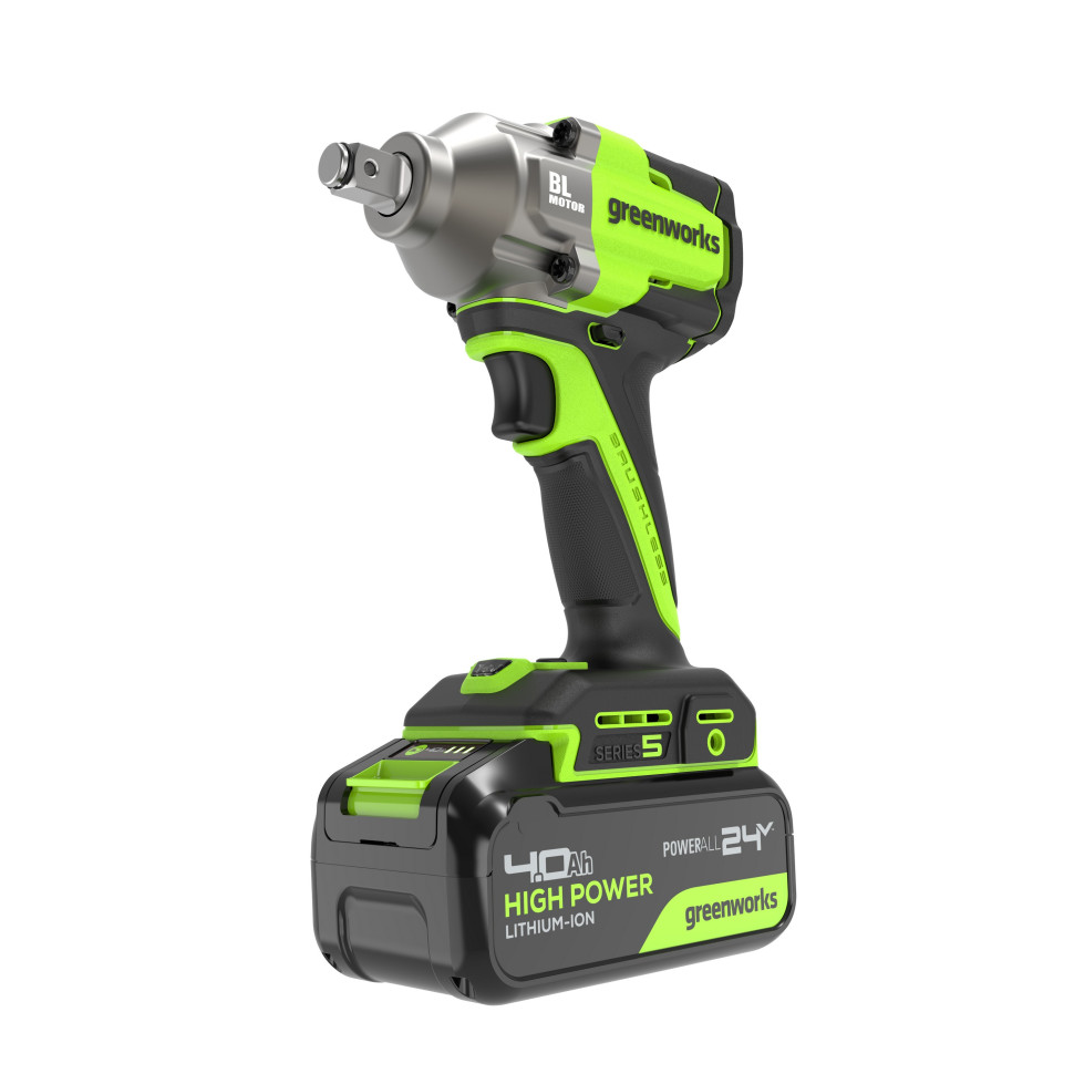 Гайковерт ударный акк. Greenworks IW5500, 24V, б/щет, 1/2'', 500Нм, 3 режима, 1х4Ач,ЗУ,коробка