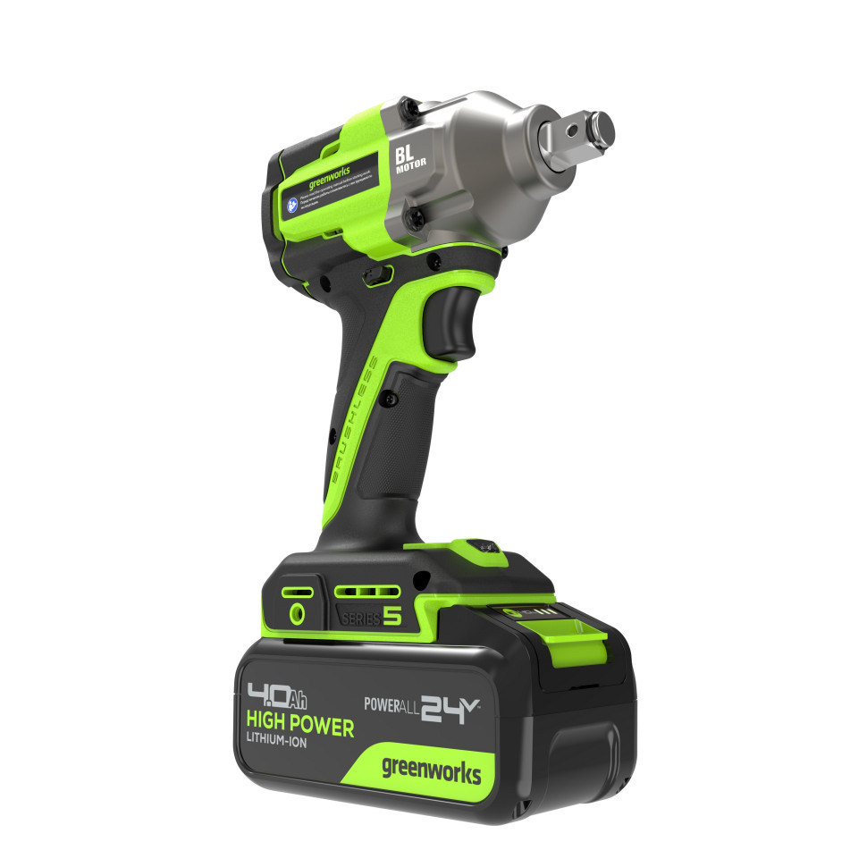 Гайковерт ударный акк. Greenworks IW5500, 24V, б/щет, 1/2'', 500Нм, 3 режима, 1х4Ач,ЗУ,коробка