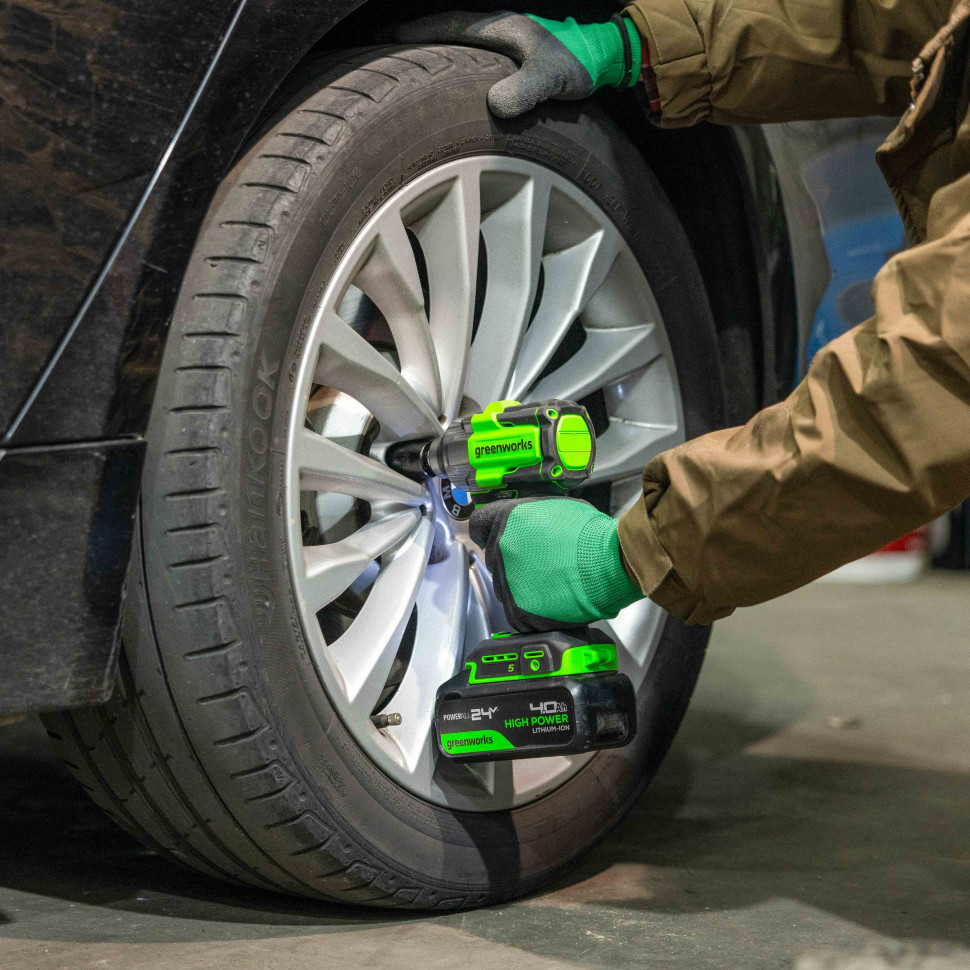 Гайковерт ударный акк. Greenworks IW5500, 24V, б/щет, 1/2'', 500Нм, 3 режима, 1х4Ач,ЗУ,коробка