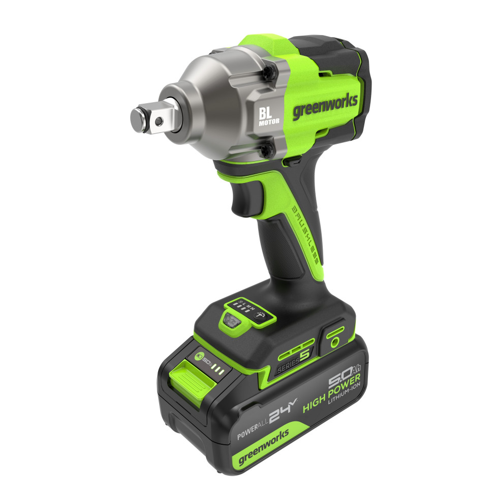 Гайковерт ударный акк. Greenworks IW5500, 24V, б/щет, 1/2'', 500Нм, 3 режима, 1х5Ач,ЗУ,коробка