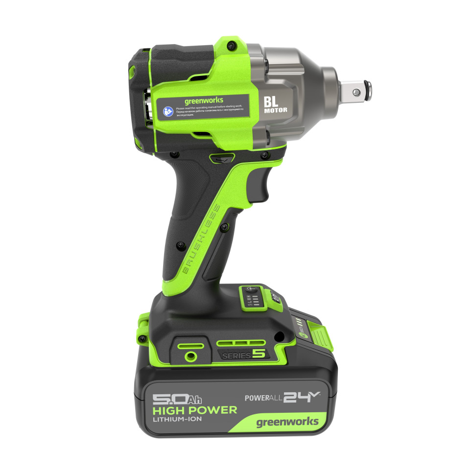 Гайковерт ударный акк. Greenworks IW5500, 24V, б/щет, 1/2'', 500Нм, 3 режима, 1х5Ач,ЗУ,коробка