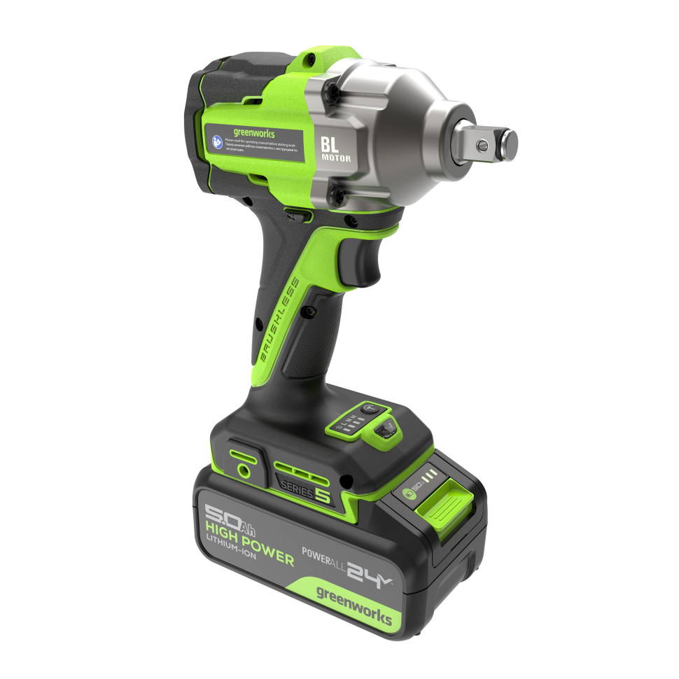 Гайковерт ударный акк. Greenworks IW5500, 24V, б/щет, 1/2'', 500Нм, 3 режима, 1х5Ач,ЗУ,коробка