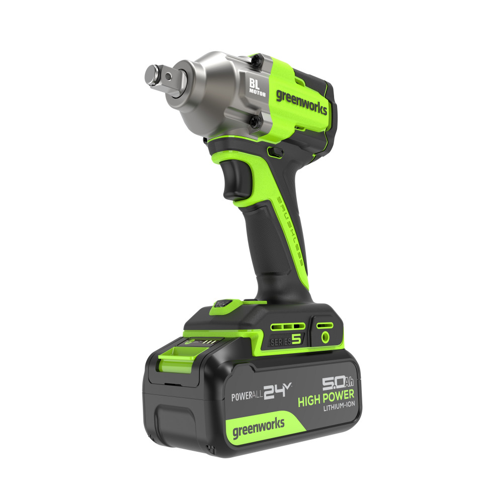 Гайковерт ударный акк. Greenworks IW5500, 24V, б/щет, 1/2'', 500Нм, 3 режима, 1х5Ач,ЗУ,коробка