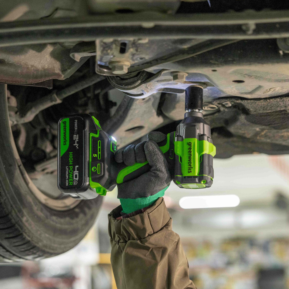 Гайковерт ударный акк. Greenworks IW5500, 24V, б/щет, 1/2'', 500Нм, 3 режима, 1х5Ач,ЗУ,коробка