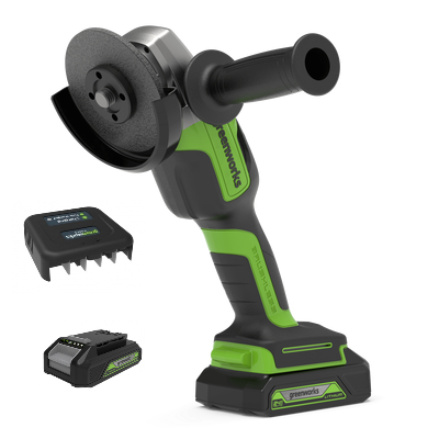 Угловая шлифовальная машина (болгарка) Greenworks GD24AGk4, 24v, 125 мм, в комплекте АКБ 4 А·ч и ЗУ (аккумуляторная)