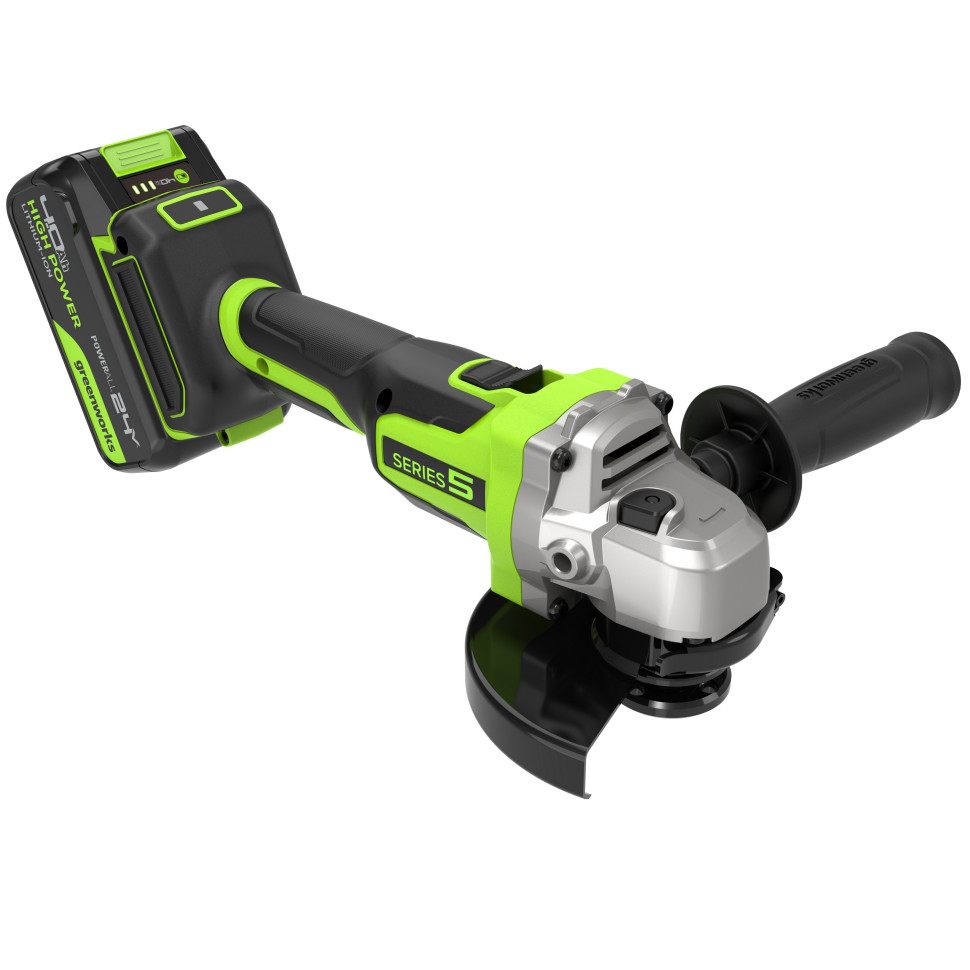 Угловая шлифовальная машина акк. Greenworks AG590, 24V, б/щет, 125 мм, 8500 об/мин, Anti-Kickback,1х4Ач,ЗУ,коробка