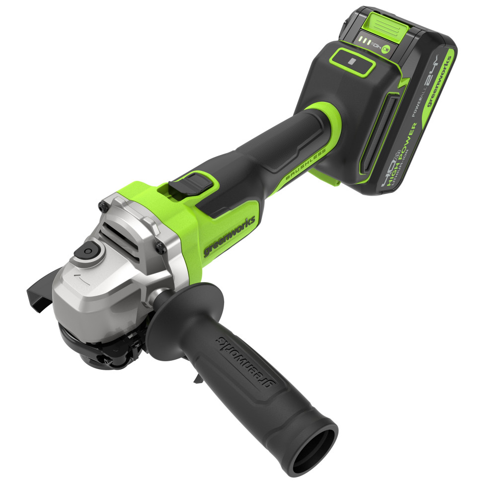 Угловая шлифовальная машина акк. Greenworks AG590, 24V, б/щет, 125 мм, 8500 об/мин, Anti-Kickback,1х4Ач,ЗУ,коробка