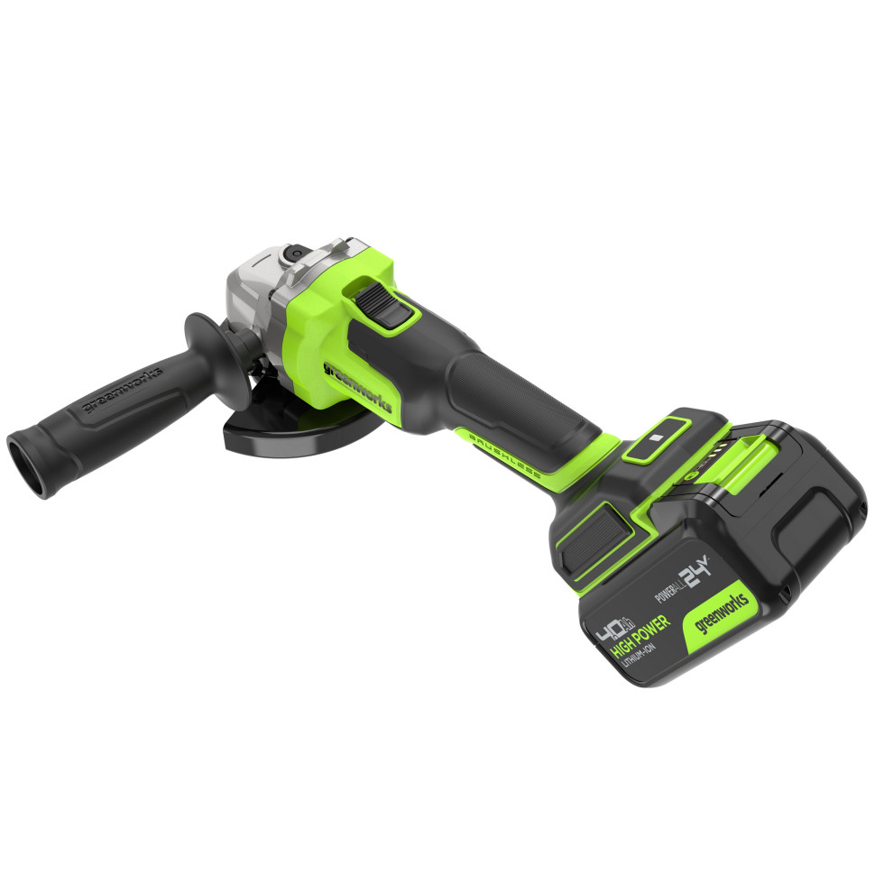 Угловая шлифовальная машина акк. Greenworks AG590, 24V, б/щет, 125 мм, 8500 об/мин, Anti-Kickback,1х4Ач,ЗУ,коробка