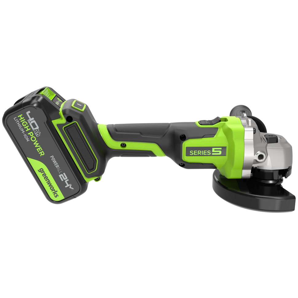 Угловая шлифовальная машина акк. Greenworks AG590, 24V, б/щет, 125 мм, 8500 об/мин, Anti-Kickback,1х4Ач,ЗУ,коробка