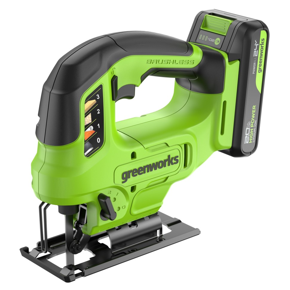 Лобзик акк. Greenworks GD24JS90, 24V, б/щет, 90 мм,0-3000/мин,4 ст.маятник,LED,1х2Ач,ЗУ,коробка