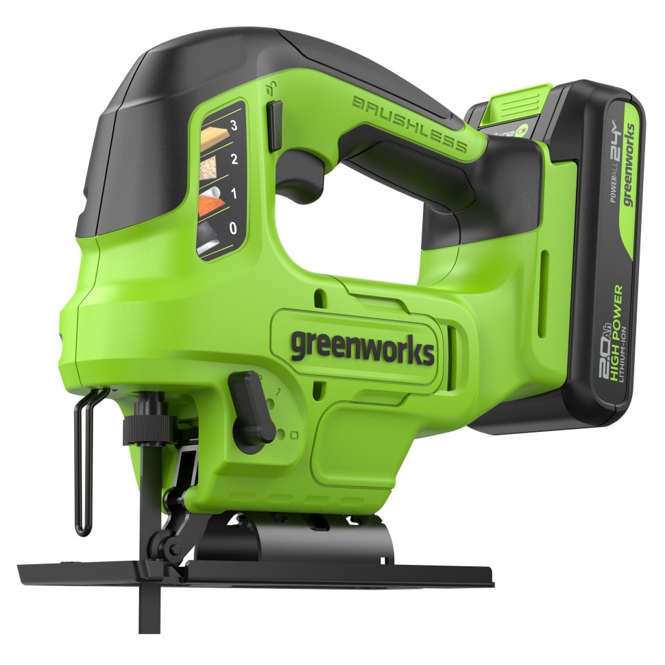 Лобзик акк. Greenworks GD24JS90, 24V, б/щет, 90 мм,0-3000/мин,4 ст.маятник,LED,1х2Ач,ЗУ,коробка