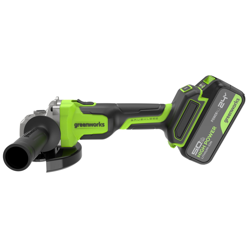 Угловая шлифовальная машина акк. Greenworks AG590, 24V, б/щет, 125 мм, 8500 об/мин, Anti-Kickback,1х5Ач,ЗУ,коробка