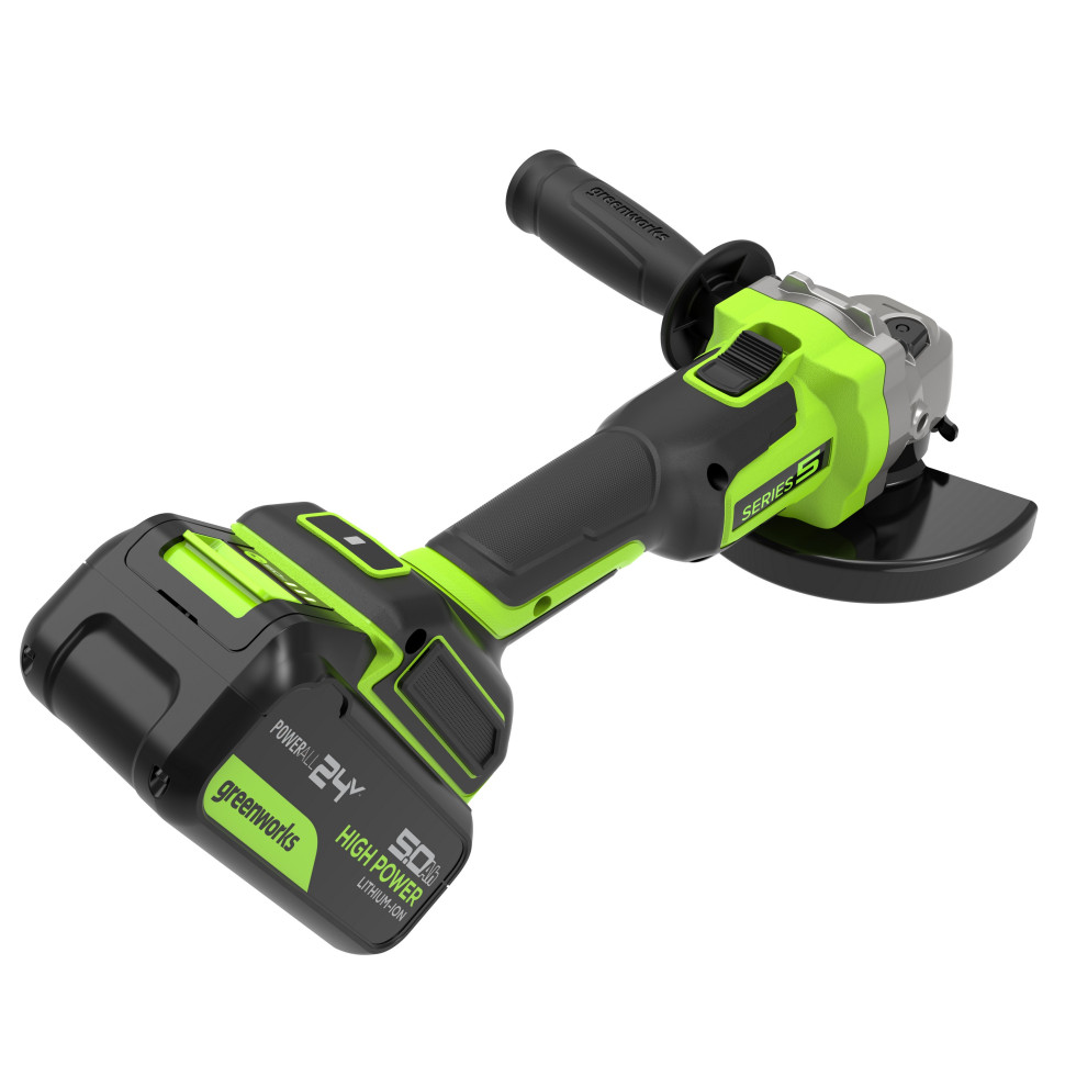 Угловая шлифовальная машина акк. Greenworks AG590, 24V, б/щет, 125 мм, 8500 об/мин, Anti-Kickback,1х5Ач,ЗУ,коробка