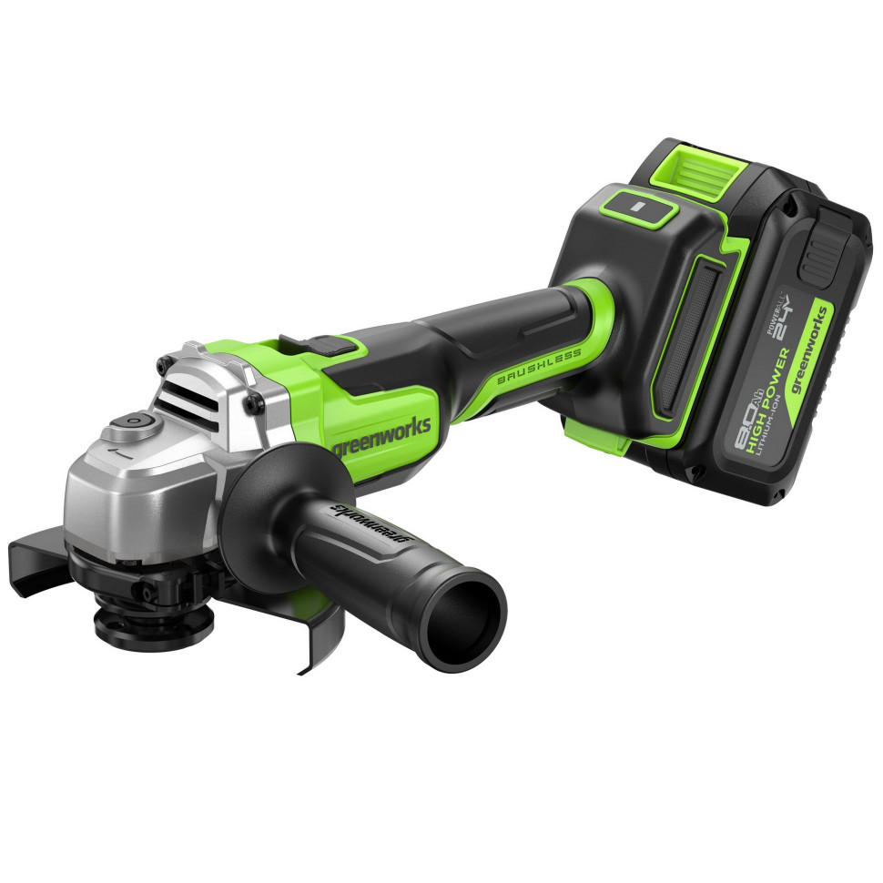 Угловая шлифовальная машина акк. Greenworks AG590, 24V, б/щет, 125 мм, 8500 об/мин, Anti-Kickback,1х8Ач,ЗУ,коробка