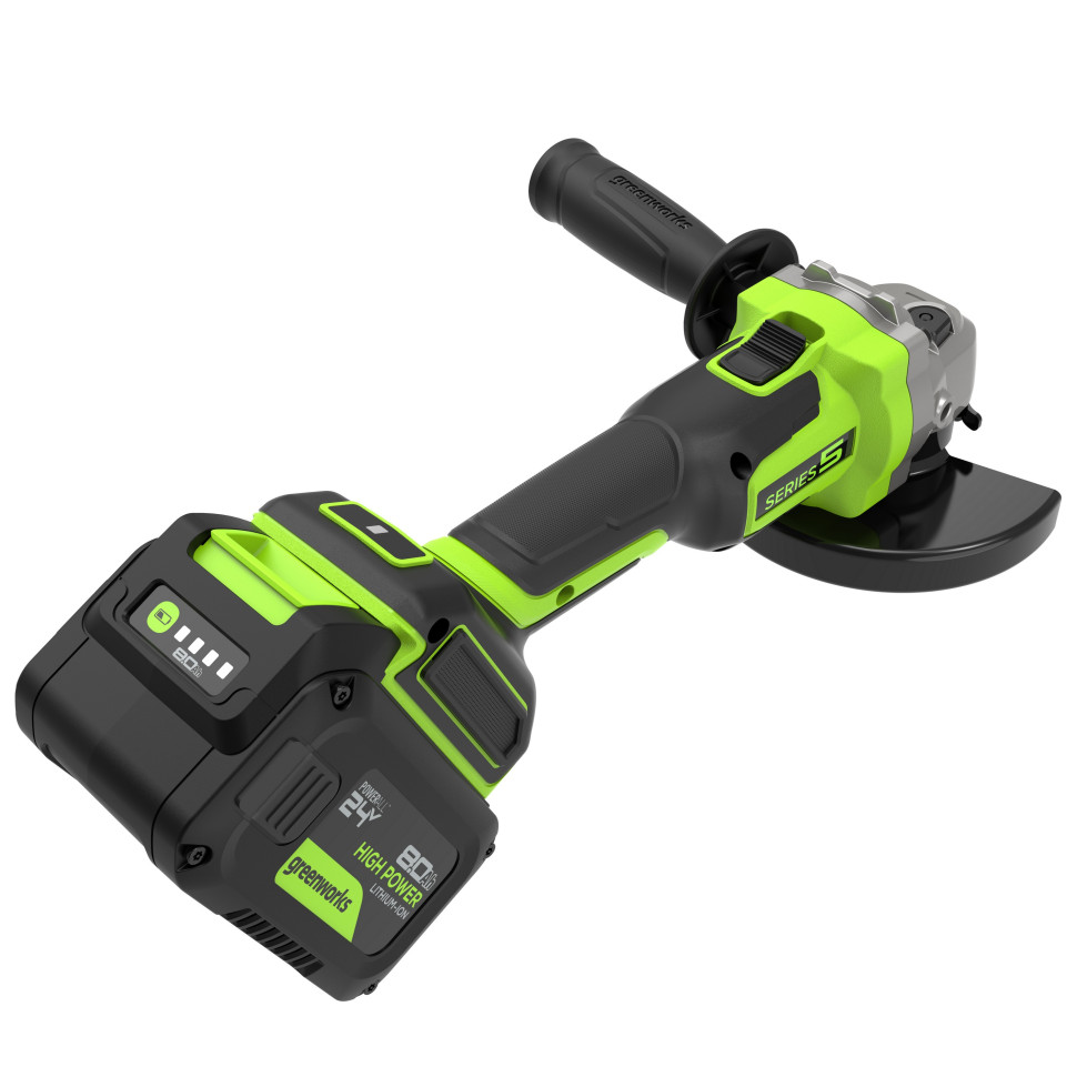 Угловая шлифовальная машина акк. Greenworks AG590, 24V, б/щет, 125 мм, 8500 об/мин, Anti-Kickback,1х8Ач,ЗУ,коробка