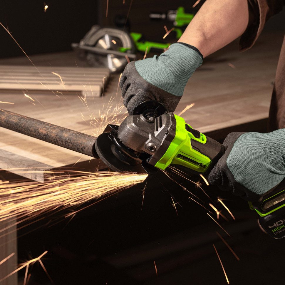 Угловая шлифовальная машина акк. Greenworks AG590, 24V, б/щет, 125 мм, 8500 об/мин, Anti-Kickback,1х8Ач,ЗУ,коробка