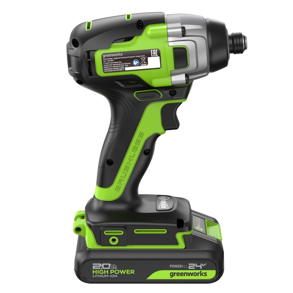 Винтоверт ударный акк. Greenworks GD24ID3, 24V, б/щет, 0-2800об/мин, 4000уд/мин, HEX 1/4, 300Нм, 3 режима,1x2Ач,ЗУ,коробка