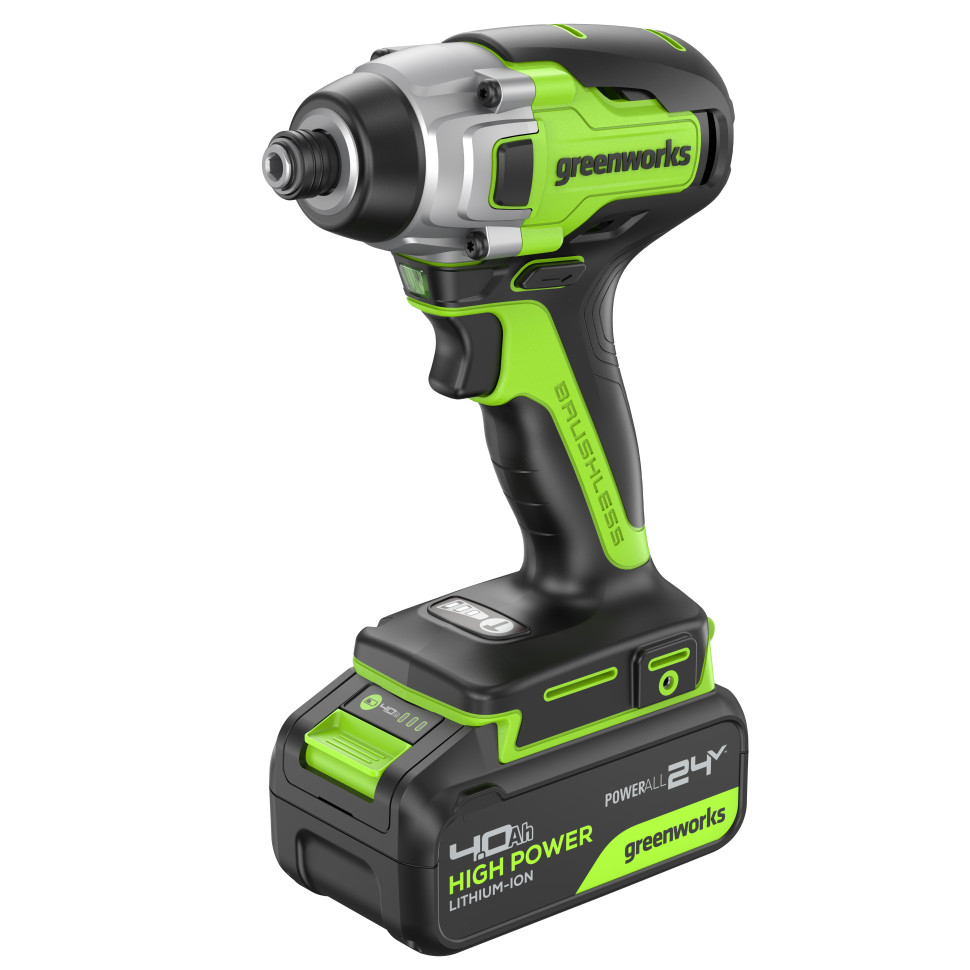 Винтоверт ударный акк. Greenworks GD24ID3, 24V, б/щет, 0-2800об/мин, 4000уд/мин, HEX 1/4, 300Нм, 3 режима,1x4Ач,ЗУ,коробка