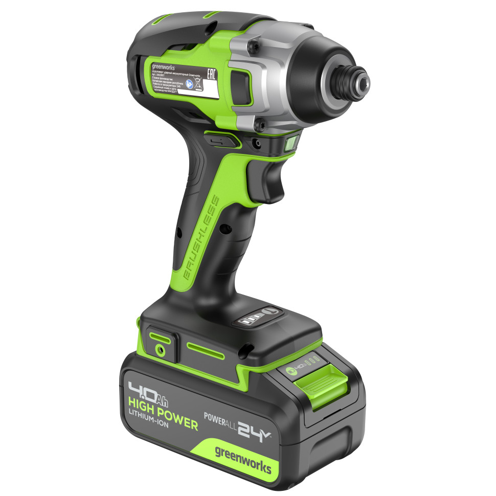 Винтоверт ударный акк. Greenworks GD24ID3, 24V, б/щет, 0-2800об/мин, 4000уд/мин, HEX 1/4, 300Нм, 3 режима,1x4Ач,ЗУ,коробка