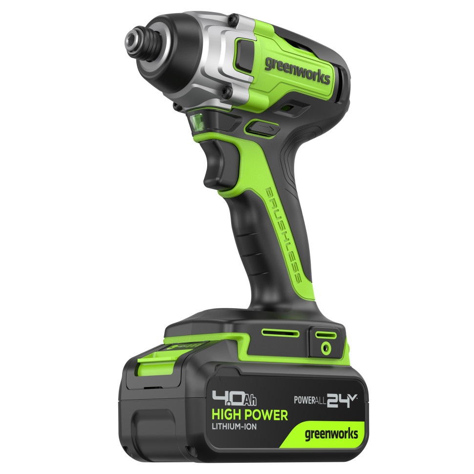 Винтоверт ударный акк. Greenworks GD24ID3, 24V, б/щет, 0-2800об/мин, 4000уд/мин, HEX 1/4, 300Нм, 3 режима,1x4Ач,ЗУ,коробка