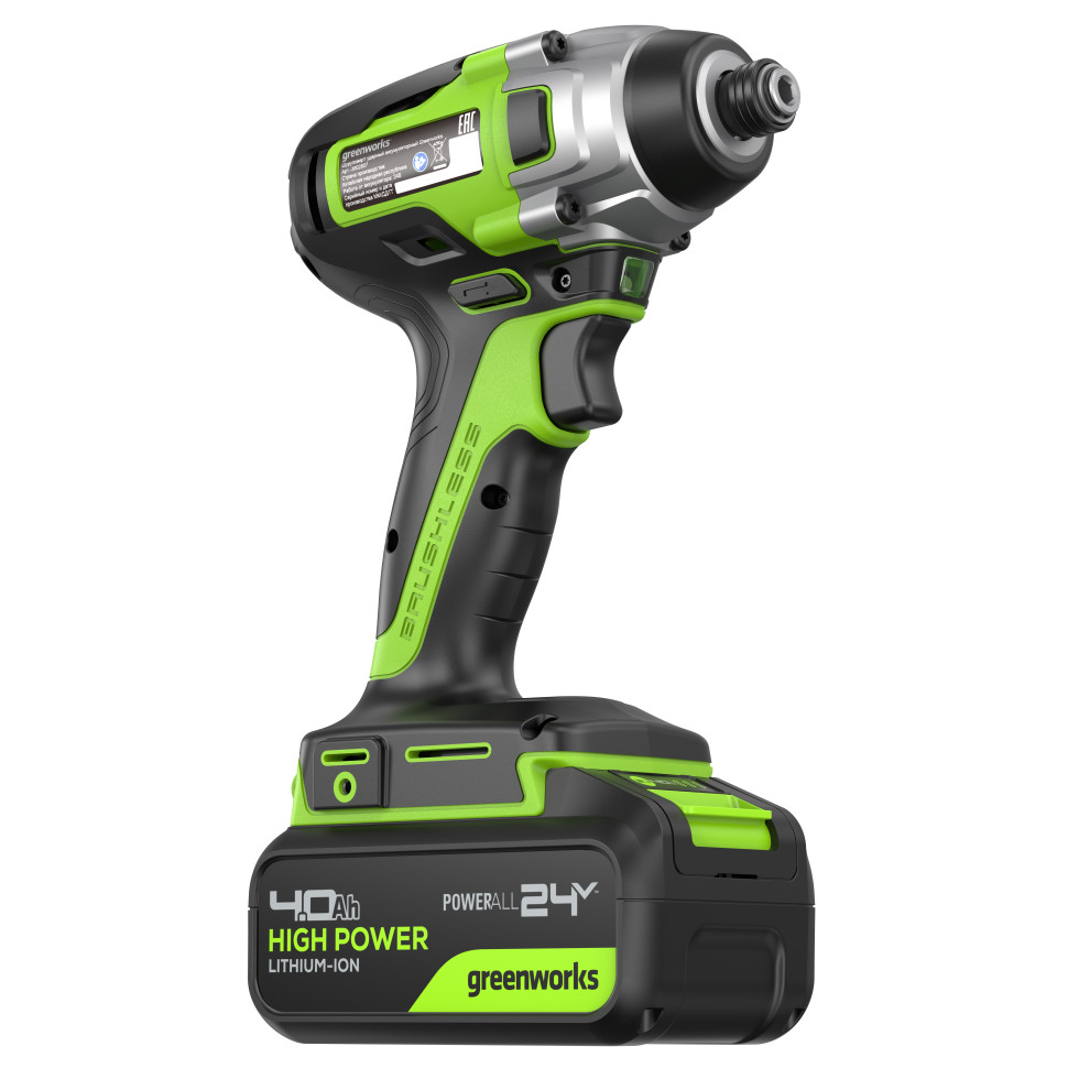 Винтоверт ударный акк. Greenworks GD24ID3, 24V, б/щет, 0-2800об/мин, 4000уд/мин, HEX 1/4, 300Нм, 3 режима,1x4Ач,ЗУ,коробка