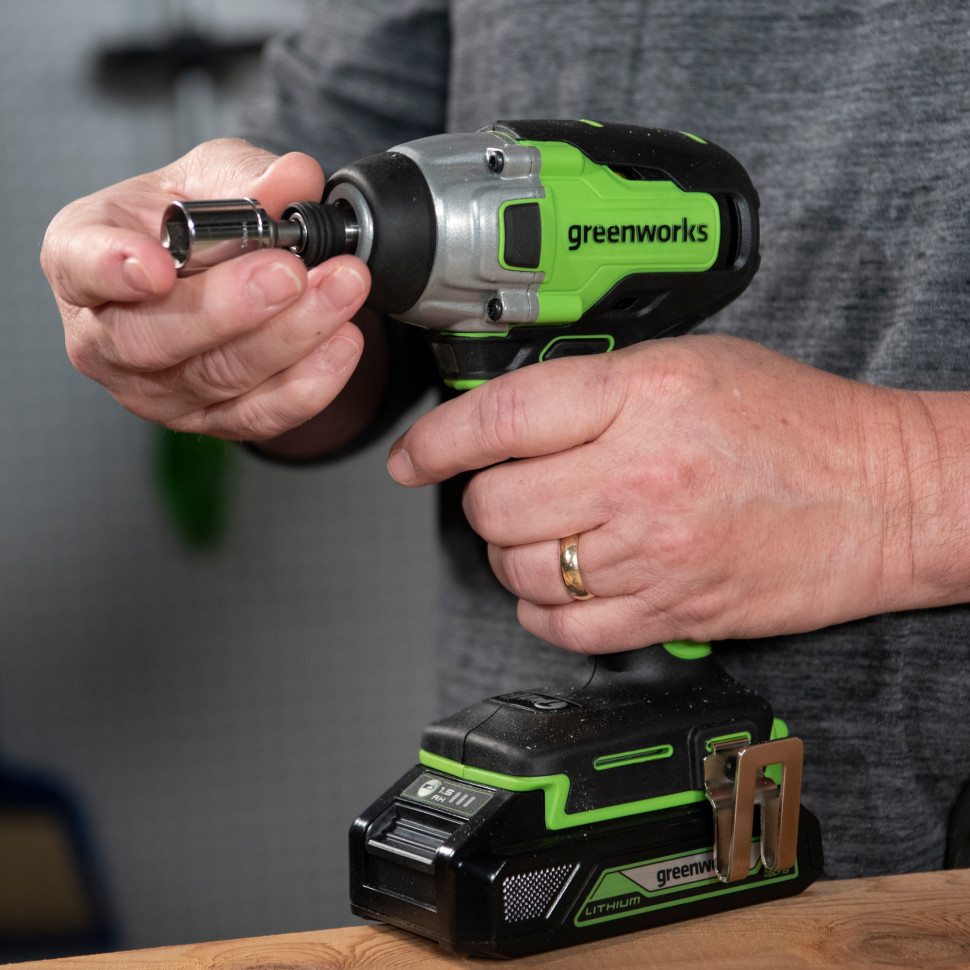 Винтоверт ударный акк. Greenworks GD24ID3, 24V, б/щет, 0-2800об/мин, 4000уд/мин, HEX 1/4, 300Нм, 3 режима,1x4Ач,ЗУ,коробка