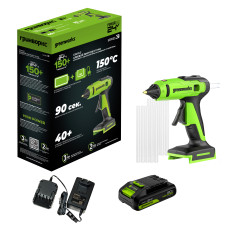 Аккумуляторный клеевой пистолет Greenworks G24GLGk2, 24V, 150°С, нагрев 90 сек, стержни 11 мм, антикапля, 1х2Ач,ЗУ